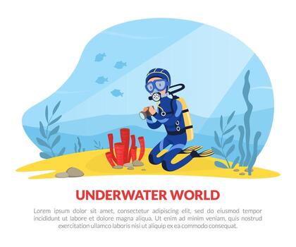 Landing Page with Man Character in Diving Suit and Goggles Swimming Underwater Taking Photo with Camera Template vector