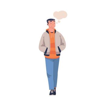 Man Character Dreaming Imagining and Fantasizing Having Spontaneous Thought in Bubble Walking with Hands in Pocket Illustration vector