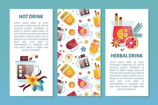 Hot Fruit Drinks in Glass with Mulled Wine and Cocoa Vertical Design Template vector
