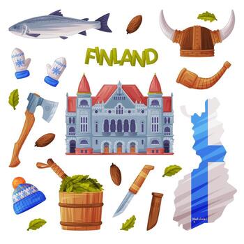 Finland Symbol and Attribute with National Theater and Sauna Set vector