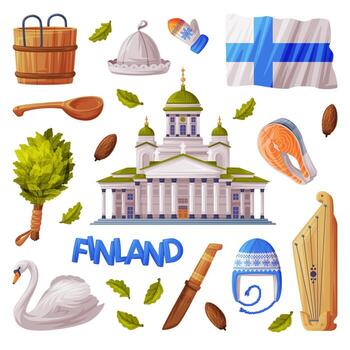 Finland Symbol and Attribute with Saint Nicholas Cathedral and Bath Broom Set vector
