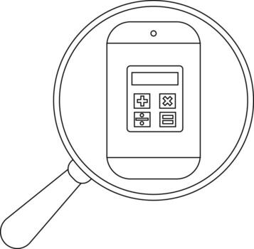 A magnifying glass focuses on a calculators screen highlighting mathematical functions in a minimalist design vector
