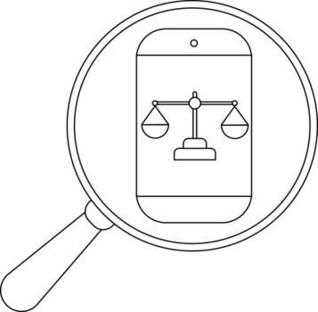 A line drawing shows a phone with a balance scale icon viewed through a magnifying glass vector
