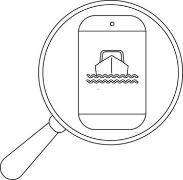 un aumentador vaso se enfoca en un teléfono mostrando un barco en agua representado en contorno vector