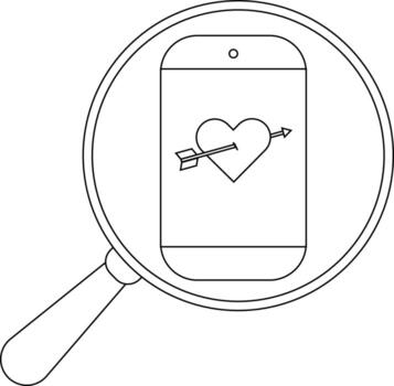 un aumentador vaso se enfoca en un teléfono inteligente mostrando un corazón traspasado por un flecha vector
