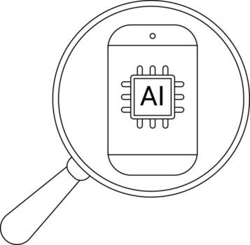 A magnifying glass focuses on a smartphone displaying an AI circuit board vector