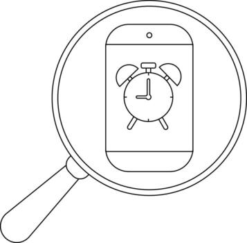 A magnifying glass focuses on a smartphone displaying an alarm clock icon vector