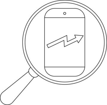 A magnifying glass focuses on a smartphone with a rising arrow graph on its screen vector