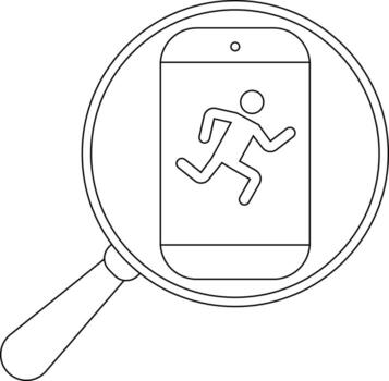 A magnifying glass reveals a smartphone with a running man icon on its screen vector