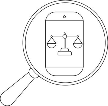 A magnifying glass shows a mobile phone displaying the scales of justice on its screen vector