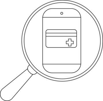 A mobile phone displaying a credit card is seen through a magnifying glass vector