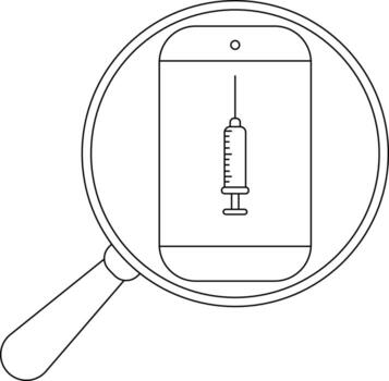 un teléfono inteligente con un jeringuilla desplegado encerrado en un aumentador vaso todas prestados en negro y blanco línea Arte vector