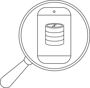 A stack of coins is displayed on a smartphone screen magnified by a magnifying glass vector