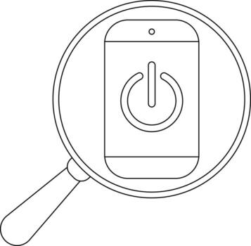 Magnifying glass focuses on a smartphone with a power icon on its screen vector