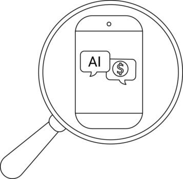 Magnifying glass over smartphone displaying AI and in speech bubbles vector