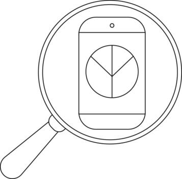 Magnifying glass reveals a phone displaying a pie chart all in outline style vector