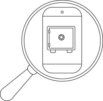 Outline shows a magnifying glass over a smartphone with a safe on its screen vector