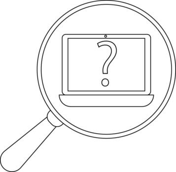 A laptop with a question mark on the screen is seen through a magnifying glass vector