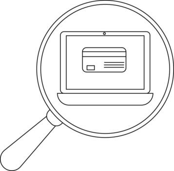 A line drawing of a magnifying glass focusing on a laptop displaying a credit card on its screen vector