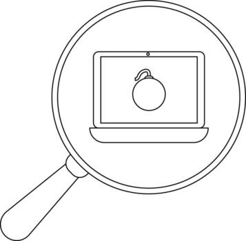 A magnifying glass focuses on a laptop displaying a bomb icon vector