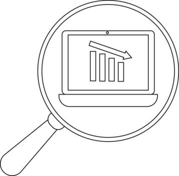 un aumentador vaso se enfoca en un ordenador portátil mostrando un declinante bar grafico con un hacia abajo flecha vector