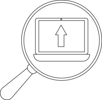 A magnifying glass focuses on a laptop displaying an upward arrow vector