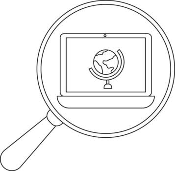 A magnifying glass focuses on a laptop screen displaying a globe vector