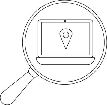 A magnifying glass frames a laptop displaying a map pin vector