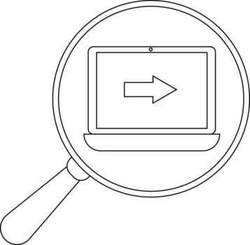 A magnifying glass highlights a laptop displaying a rightward arrow on its screen vector