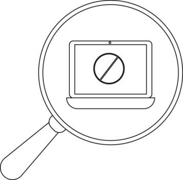 A magnifying glass zooms in on a laptop with a prohibition symbol displayed on its screen vector