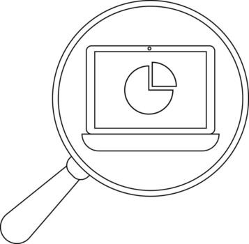 Laptop displaying a pie chart is viewed through a magnifying glass vector