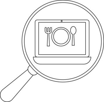 Outline of a magnifying glass focusing on a laptop displaying a plate fork and spoon icon vector