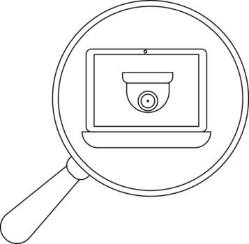 A laptop displaying a security camera inside a magnifying glass vector