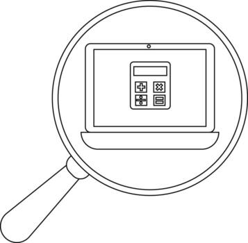 A laptop showing a calculator icon viewed through a magnifying glass vector