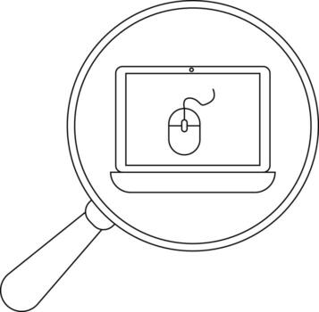 A magnifying glass enlarges a laptop displaying a computer mouse icon on its screen vector