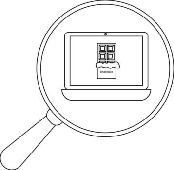 A magnifying glass focuses on a laptop displaying a chocolate bar with chocolate text vector