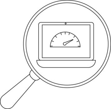 A magnifying glass focuses on a laptop displaying a speedometer gauge on its screen vector