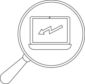 A magnifying glass focuses on a laptop displaying a zigzag downward arrow vector