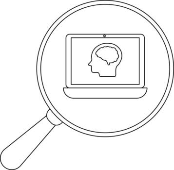 A magnifying glass reveals a laptop screen displaying a brain profile image vector