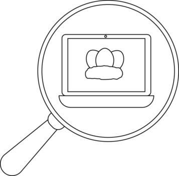 A magnifying glass reveals a laptop displaying eggs in a nest on its screen vector