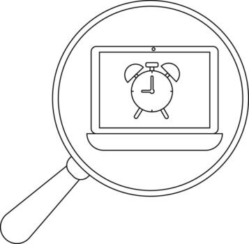 Laptop screen with alarm clock inside a magnifying glass with a handle vector