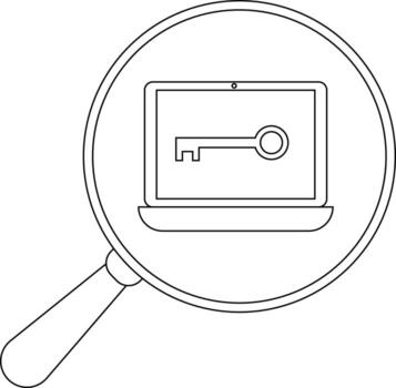 Magnifying glass over laptop displaying a key symbolizing digital security vector