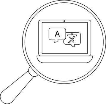 Magnifying glass focusing on a laptop displaying A and a Chinese character in speech bubbles vector
