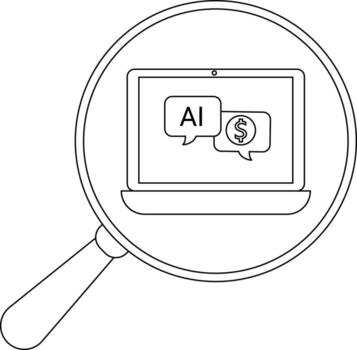 Magnifying glass focuses on a laptop displaying AI and a dollar sign in speech bubbles vector