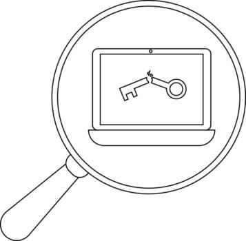 Outlined laptop displaying broken key seen through magnifying glass vector