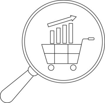 A magnifying glass surrounds a shopping cart with an upwardtrending bar graph and arrow inside vector