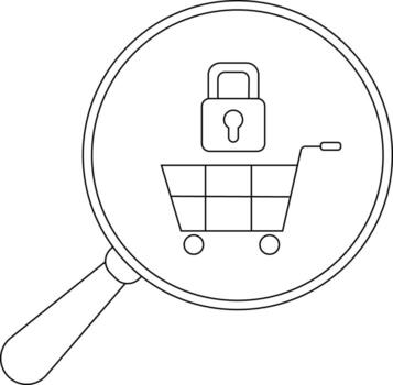 A shopping cart with a lock above it is viewed through a magnifying glass vector