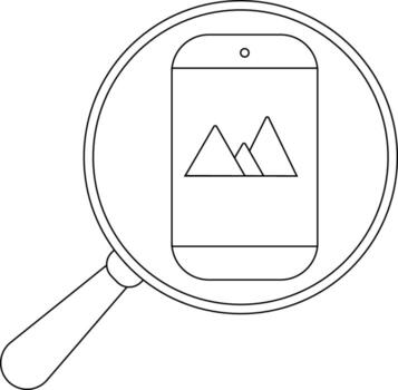 A magnifying glass focuses on a smartphone displaying three mountain peaks on its screen vector
