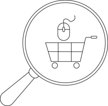 A magnifying glass frames a computer mouse above a shopping cart illustration vector