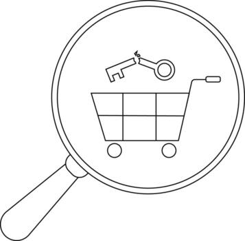 A magnifying glass highlights a shopping cart beneath a broken key implying vulnerability in online shopping security vector